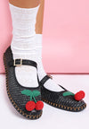 Black woven espadrille Mary Jane flats with red crocheted cherries, green stems, gold buckle