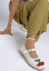 White cherry accent Mary Jane espadrille flats with green leaves
