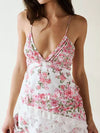 Lace detail ruffled floral V-neck maxi dress with pink blossoms