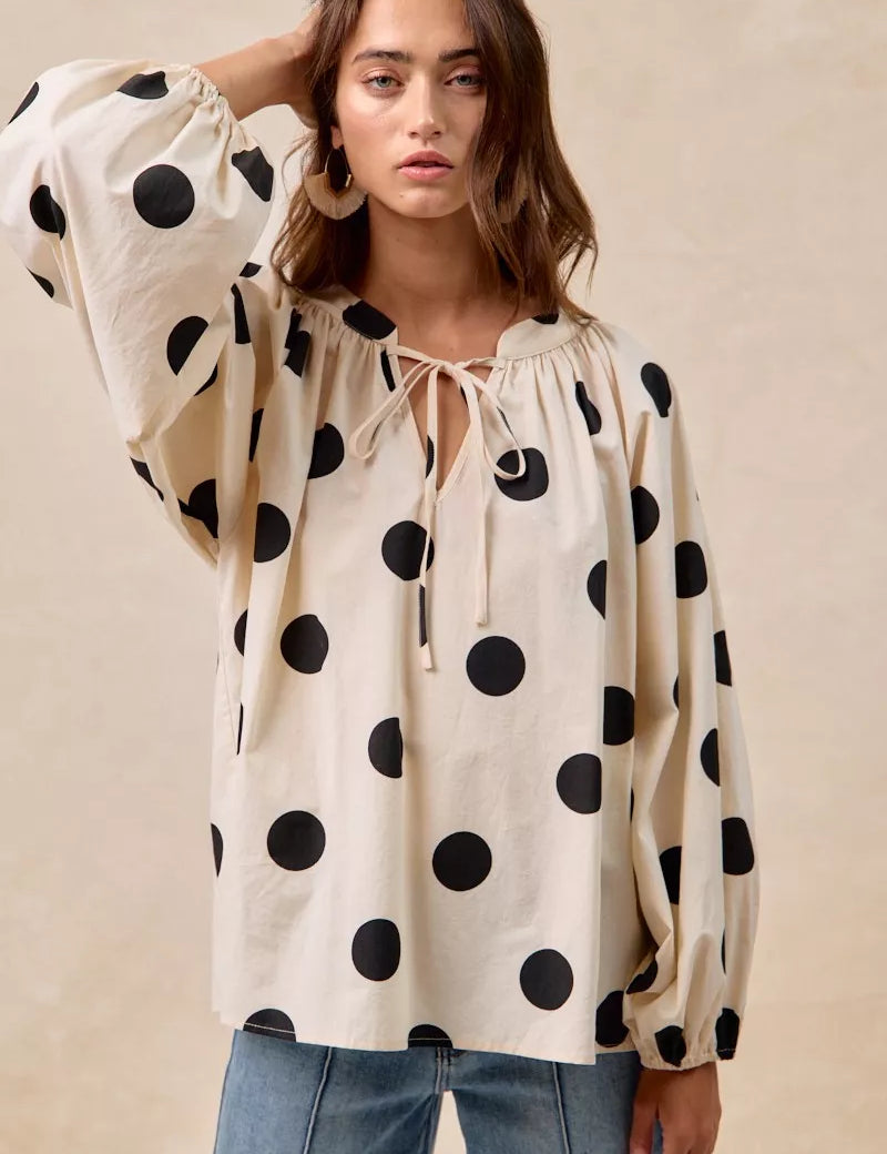 BiBi Polka Dot Exaggerated Balloon Sleeves Blouse | Tops Daverri Fashions