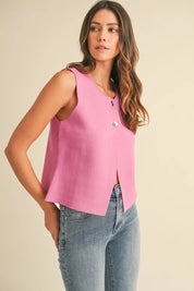 Annie Wear Metal Button Detail Crop Sweater Vest | Sweaters Daverri Fashions