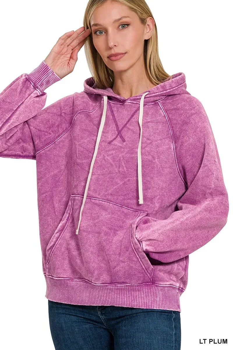 Zenana Acid Wash Fleece Hoodie with Kangaroo Pocket Lt Plum - DAVERRI FASHIONS