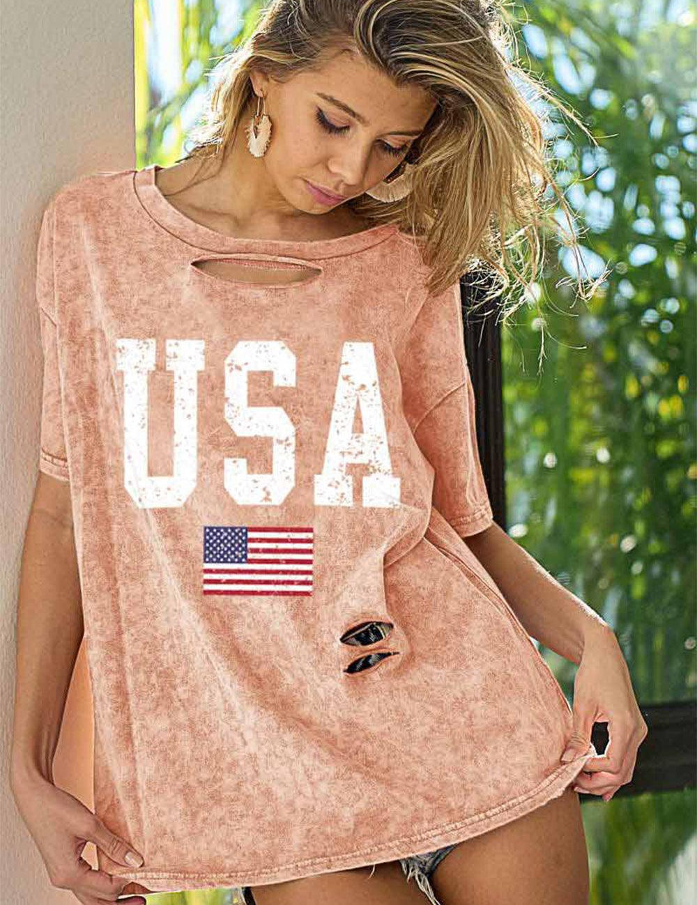 BiBi Washed American Flag Graphic Distressed T-Shirt Dusty Pink Patriotic Clothing