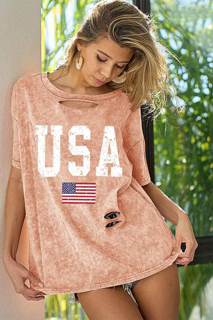 BiBi Washed American Flag Graphic Distressed T-Shirt Dusty Pink Patriotic Clothing