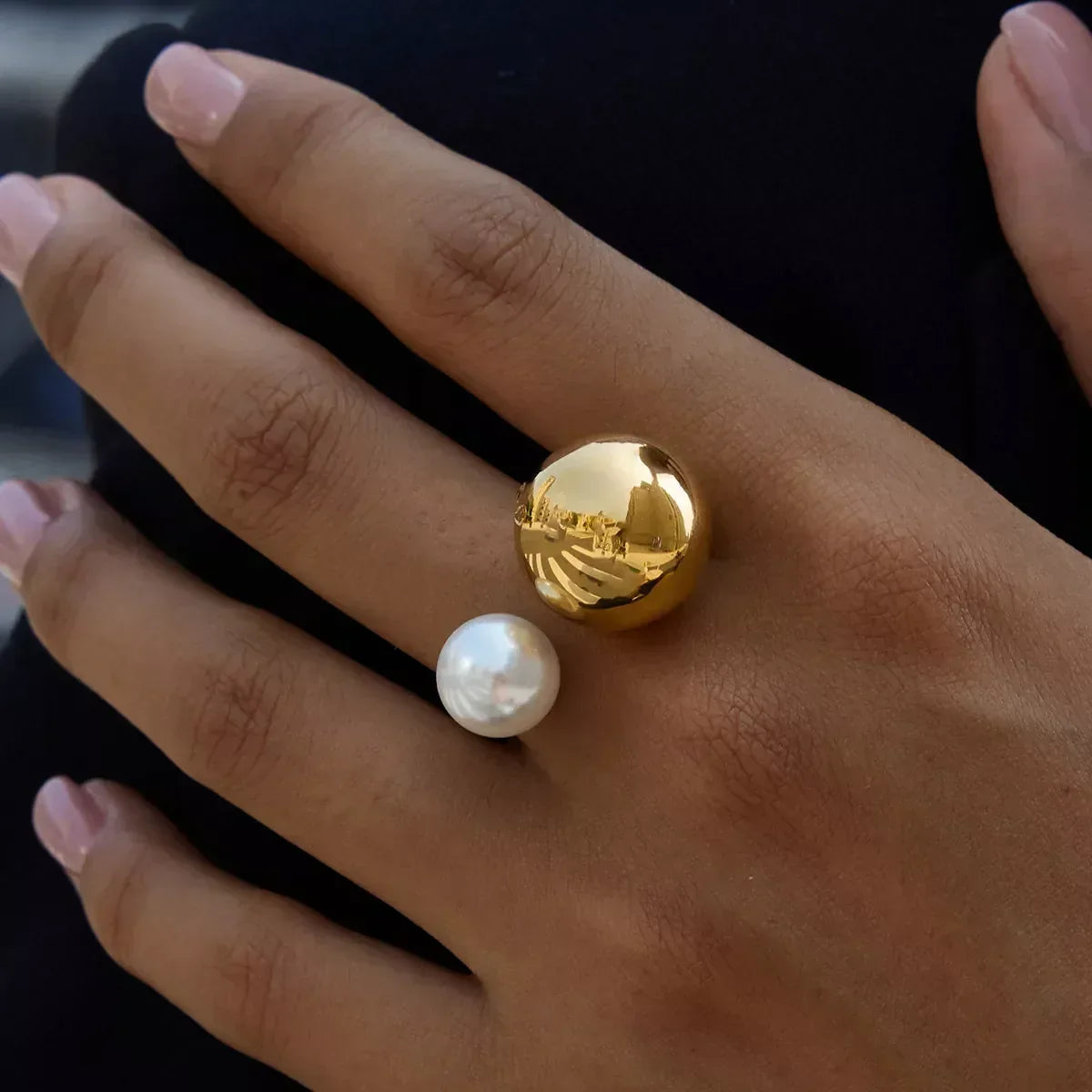 18K Gold-Plated Orb & Pearl Open Ring - DAVERRI FASHIONS