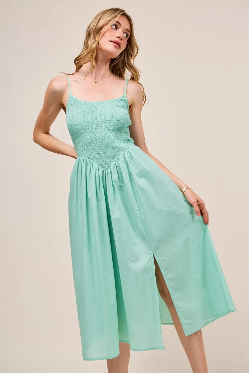 SO ME Smocked Sleeveless Casual Everyday Dress With Slit