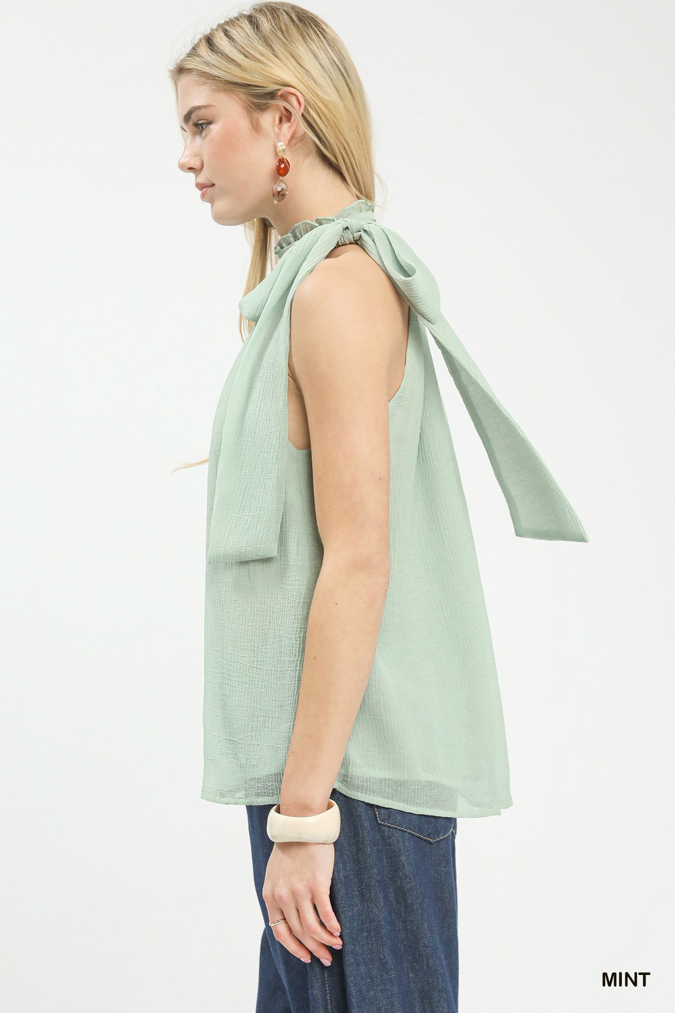 Umgee mint halter tie neck sleeveless chiffon top back view
