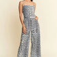 Davi & Dani Leopard Spaghetti Straps Wide Leg Jumpsuit Blue Leopard Jumpsuits
