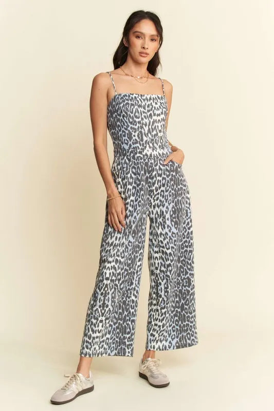 Davi & Dani Leopard Spaghetti Straps Wide Leg Jumpsuit Blue Leopard Jumpsuits