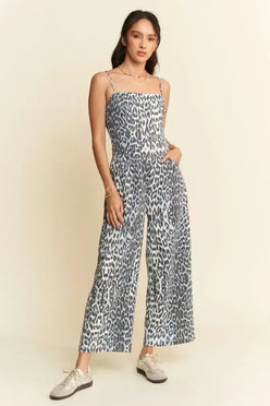 Davi & Dani Leopard Spaghetti Straps Wide Leg Jumpsuit - DAVERRI FASHIONS