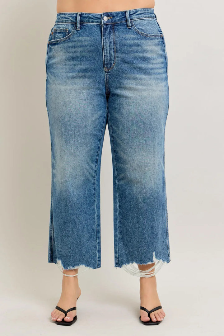 Judy Blue Plus Size High Waist Rigid Magic Destroy Hem Crop Wide Medium Jeans