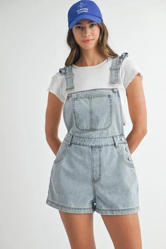 MABLE Square Neck Ruffle Shoulder Denim Overall Romper Shortalls