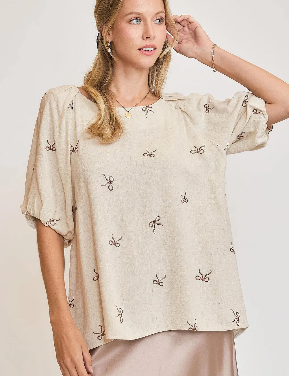 OATMEAL Umgee Full Size Linen Blend Ribbon Embroidered Top Plus Size | Daverri Fashions