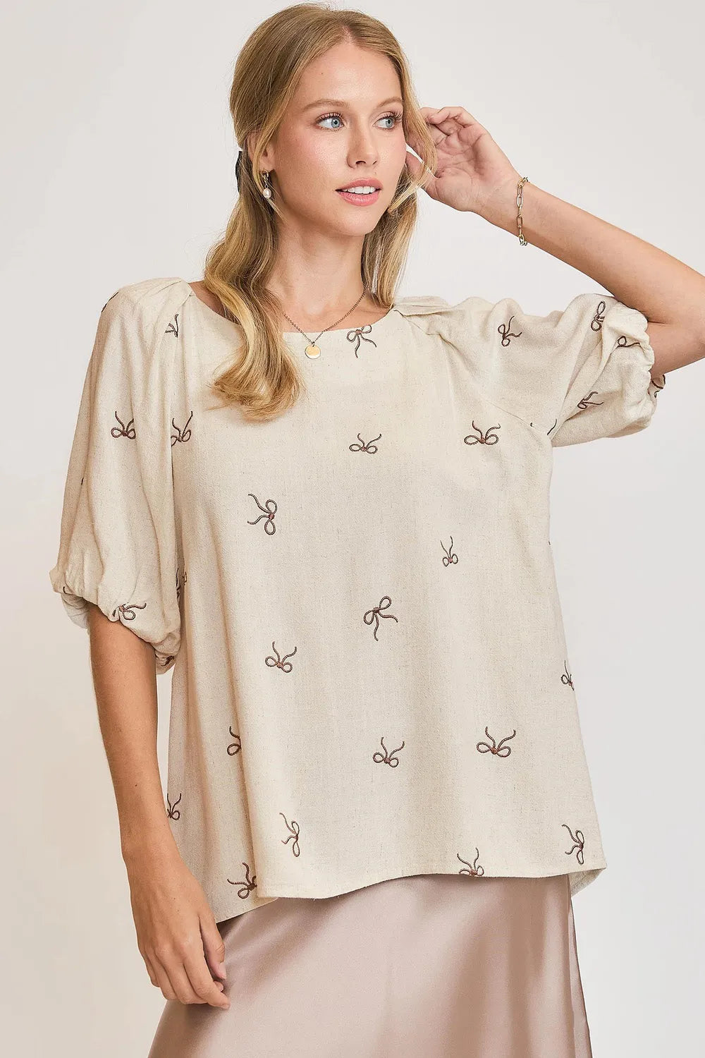 OATMEAL Umgee Full Size Linen Blend Ribbon Embroidered Top Plus Size | Daverri Fashions
