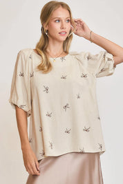 OATMEAL Umgee Full Size Linen Blend Ribbon Embroidered Top Plus Size | Daverri Fashions