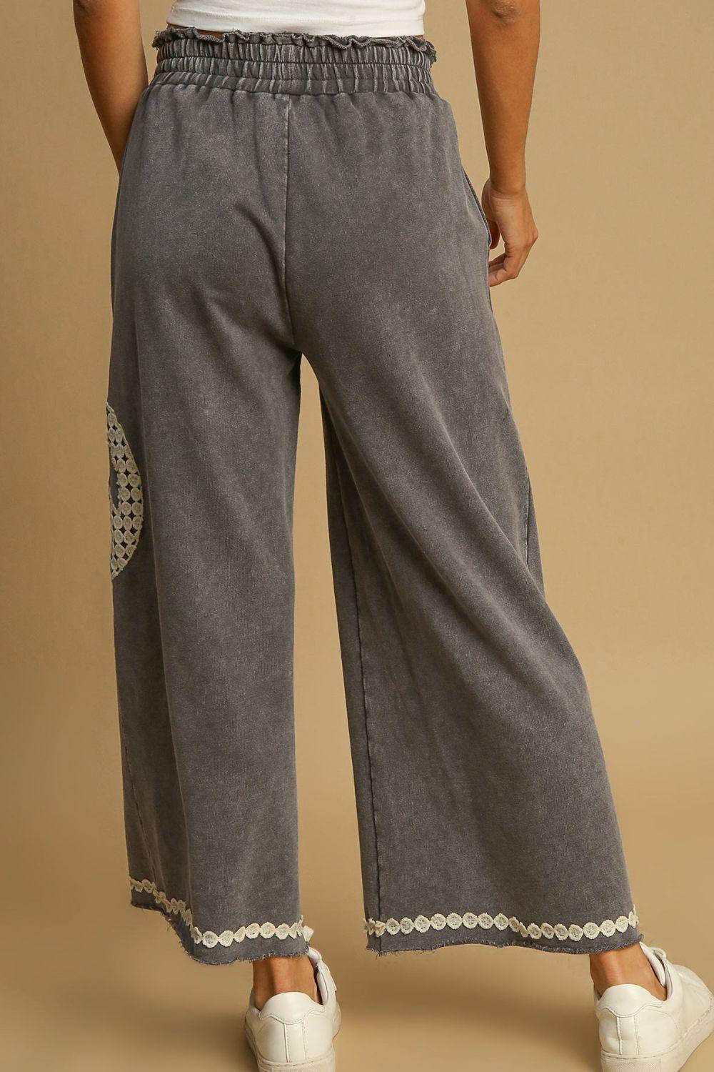 Umgee Full Size Peace Lace Applique Mineral Wash Wide Leg Pants | Pants Daverri Fashions