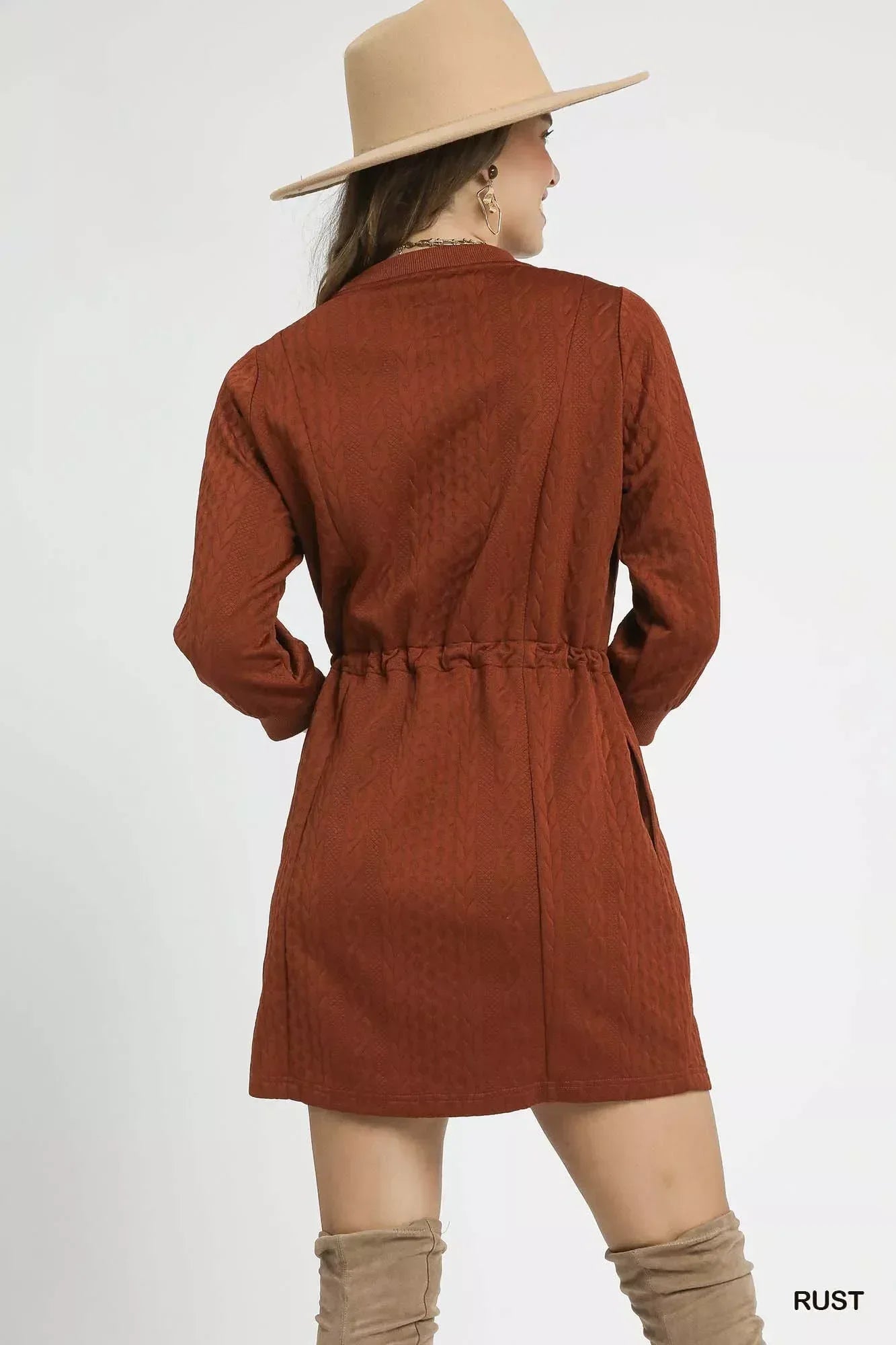 Umgee Drawstring Cable Knit Mini Dress with Pockets - DAVERRI FASHIONS
