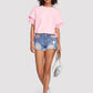 Pink oversized round neck t-shirt with ruffled short sleeves