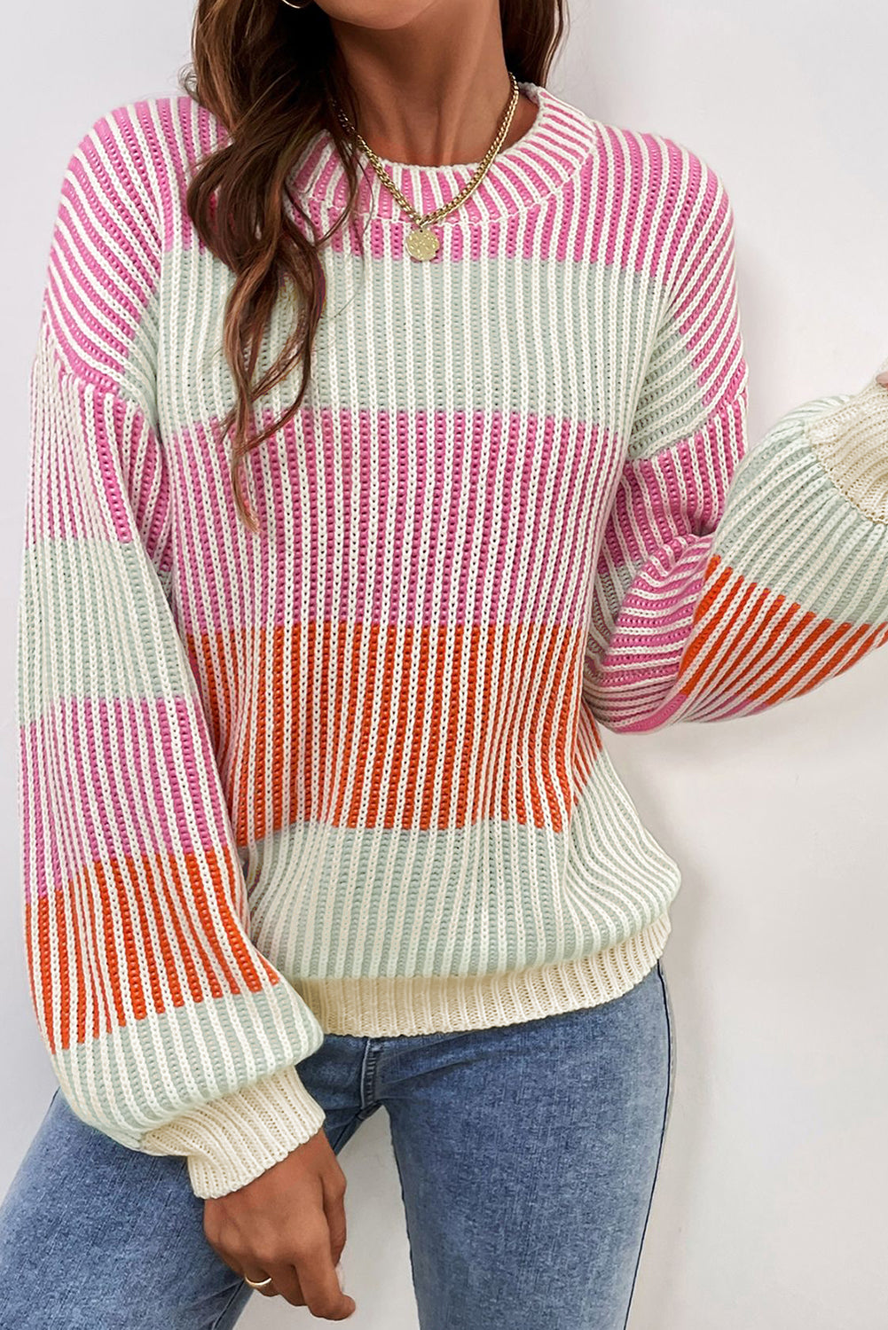 Colorblock Textured Knit Bubble Sleeve Sweater | Sweaters Daverri Fashions