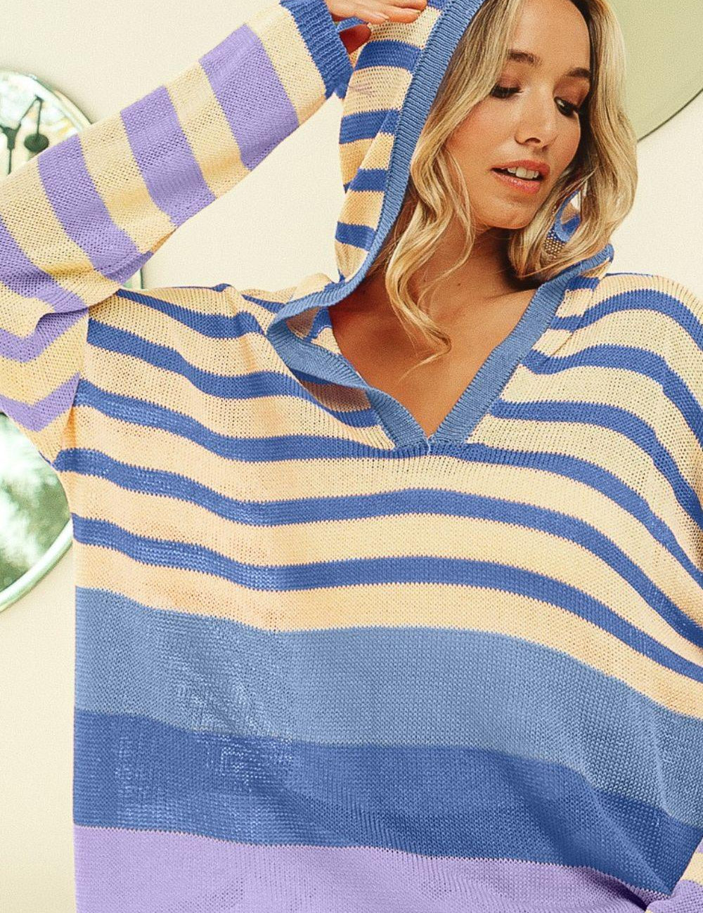 Denim Laven Combo BiBi Striped Color Block Hooded Knit Top | Hoodies Daverri Fashions