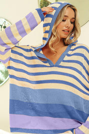 Denim Laven Combo BiBi Striped Color Block Hooded Knit Top | Hoodies Daverri Fashions