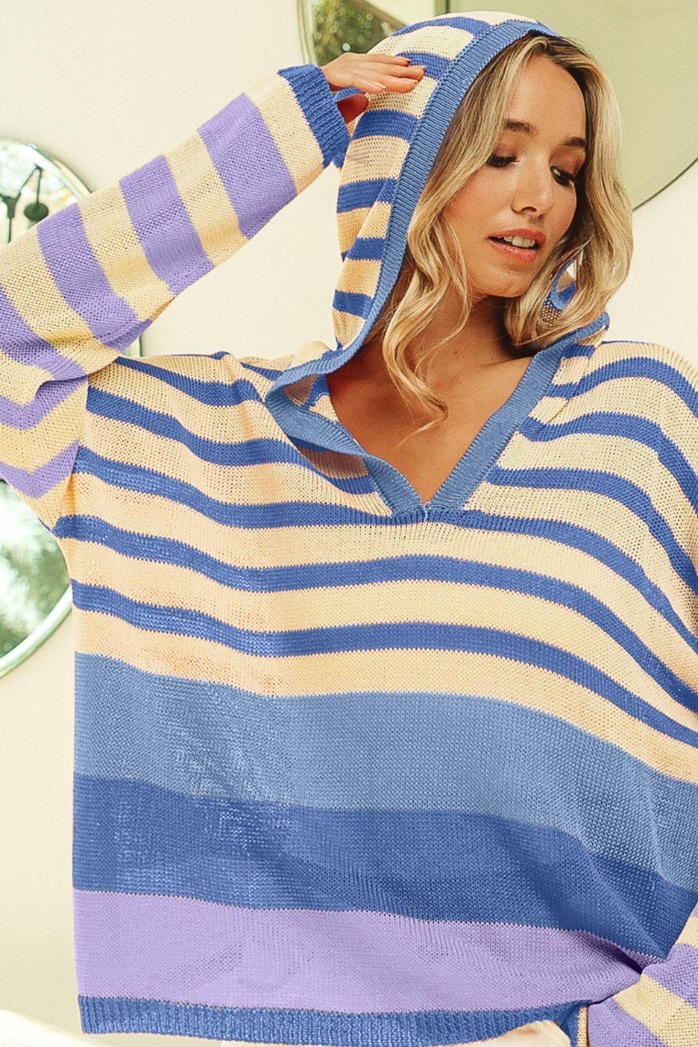 BiBi Striped Color Block Hooded Knit Top - DAVERRI FASHIONS