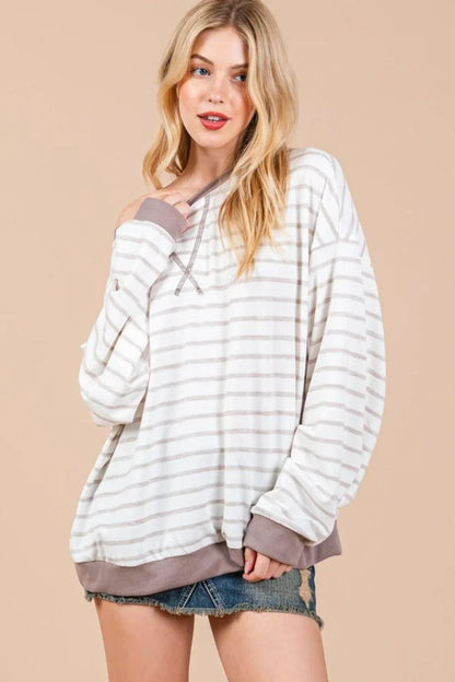 Ces Femme Striped Round Neck Drop Shoulder Sweatshirt - DAVERRI FASHIONS