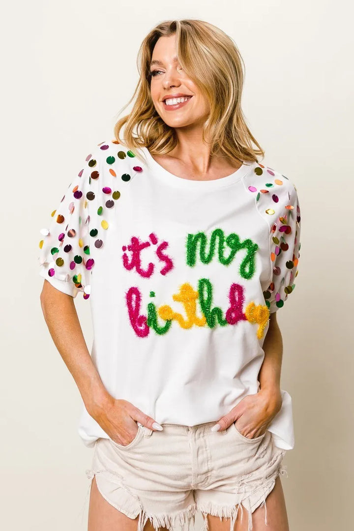 BiBi Metallic Letter Spangle Raglan Puff Sleeve Top Tops
