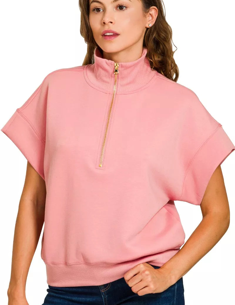 Zenana Full Size Scuba High Neck Half Zip Short Sleeve Top Plus Size | Tops Daverri Fashions