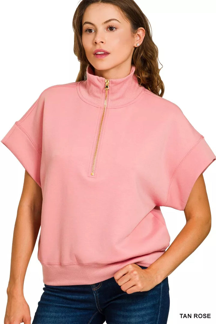 Zenana Full Size Scuba High Neck Half Zip Short Sleeve Top Plus Size | Tops Daverri Fashions
