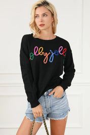 Graphic Round Neck Long Sleeve Sweater | Sweaters Daverri Fashions