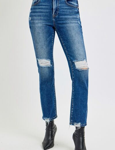 RISEN Full Size High Rise Distressed Crop Straight Jeans Dark