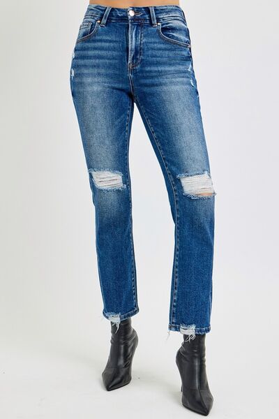 RISEN Full Size High Rise Distressed Crop Straight Jeans Dark