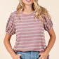 Mittoshop Contrast Striped Short Puff Sleeve Knit Top Pink Tops