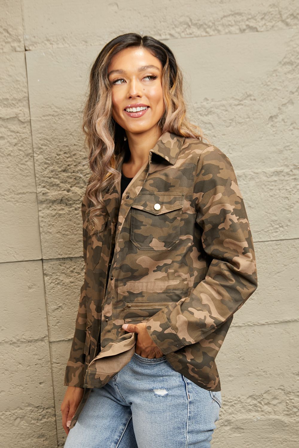 Camouflage Snap Down Jacket | Jackets Daverri Fashions