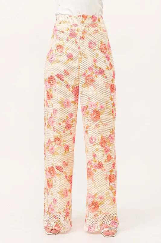 And The Why Fishnet Floral Printed Crop Pants