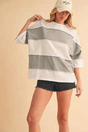 WHITE HEATHER GRAY L Aemi+Co Color Block Round Neck Short Sleeve T-Shirt | Daverri Fashions