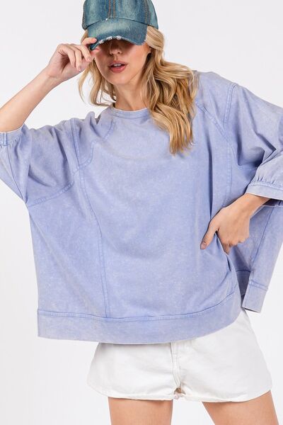 SAGE + FIG Mineral Washed Side Slit Round Neck Sweatshirt Sweatshirts