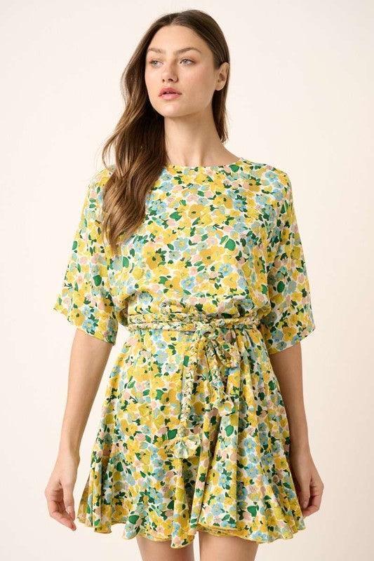 Mittoshop Floral Tie Waist Half Sleeve Mini Dress - DAVERRI FASHIONS
