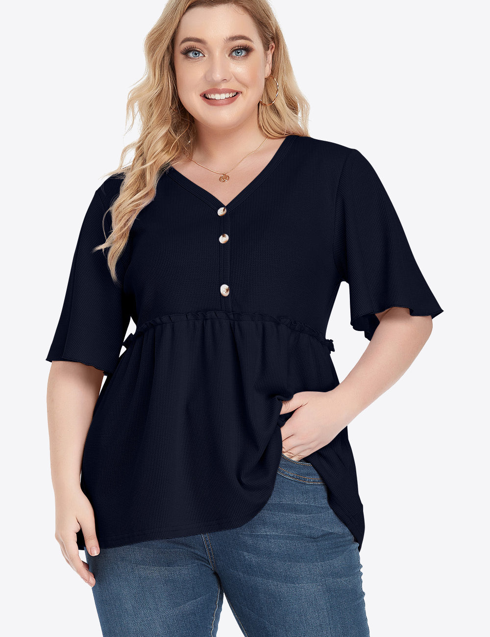 Plus size navy blue peplum V-neck babydoll blouse with buttons