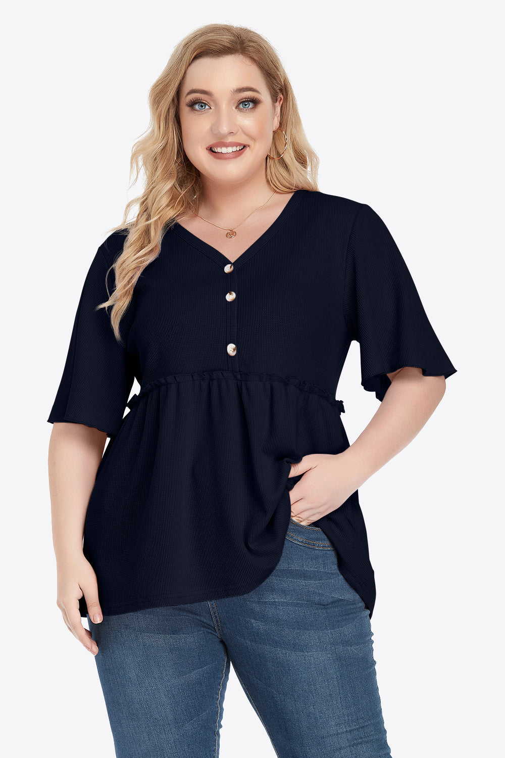Plus size navy blue peplum V-neck babydoll blouse with buttons