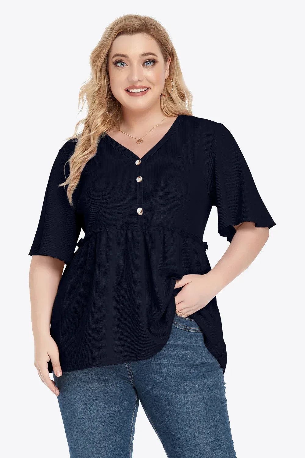Plus Size Buttoned V-Neck Frill Trim Babydoll Blouse - DAVERRI FASHIONS