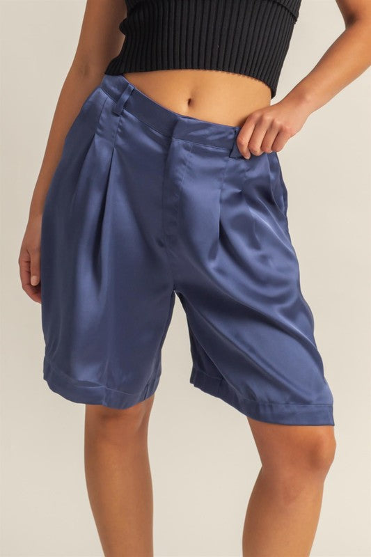 HYFVE High-Waist Pleated Satin Shorts Dusty Blue Shorts