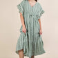 VERY J Embroidered Boho Ruffled Midi Dress in soft sage green