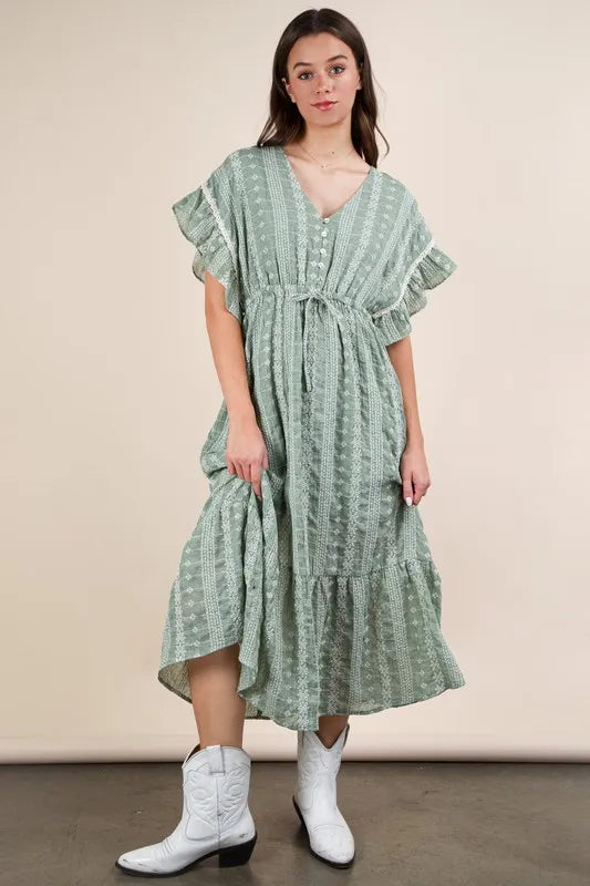 VERY J Embroidered Boho Ruffled Midi Dress in soft sage green