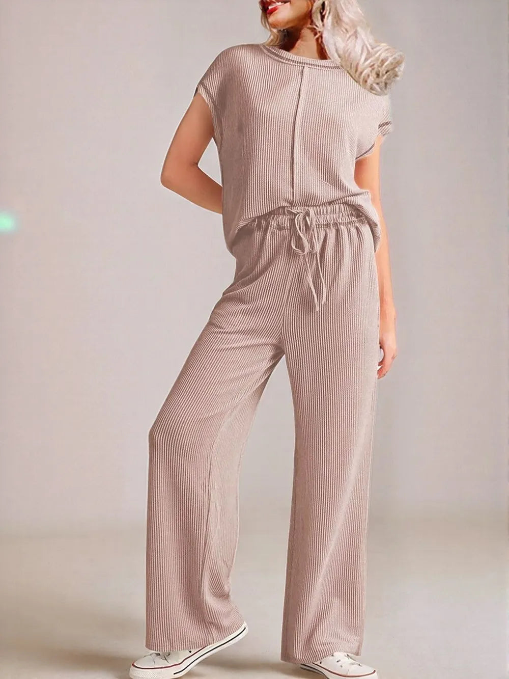 Mocha Ribbed Exposed Seam Top and Pants Set | Loungewear Sets Daverri Fashions