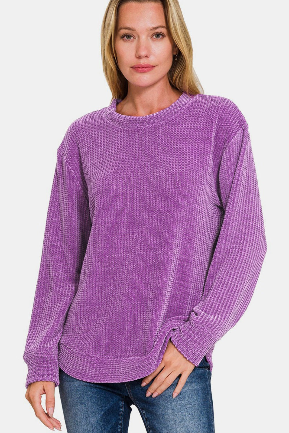 Violet Chenille Waffle Round Neck Sweater Violet