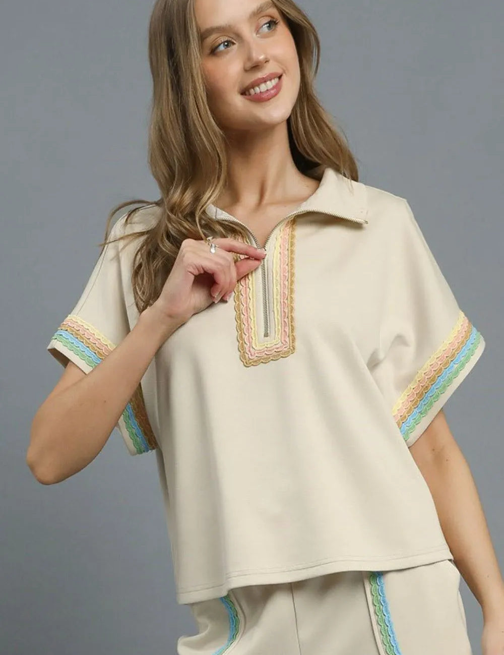 Beige Umgee Contrast Trim Half Zip Collared Blouse | Blouses Daverri Fashions