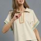 Umgee Contrast Trim Half Zip Collared Blouse - DAVERRI FASHIONS
