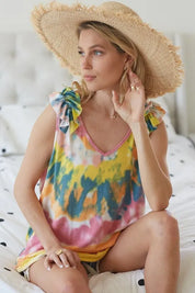 YELLOW ORANGE BiBi Circular Tie Dye Knit V Neck Top With Ruffle | Tops Daverri Fashions